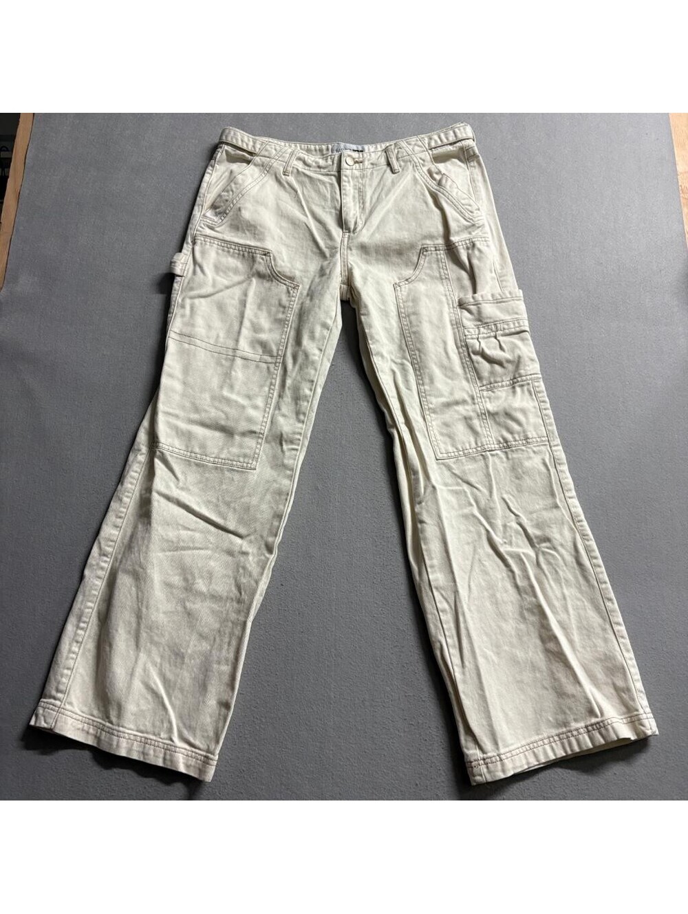 Fashion Nova Carpenter Pants Womens 13 Cream Beige Denim Utility Cargo Wide Leg